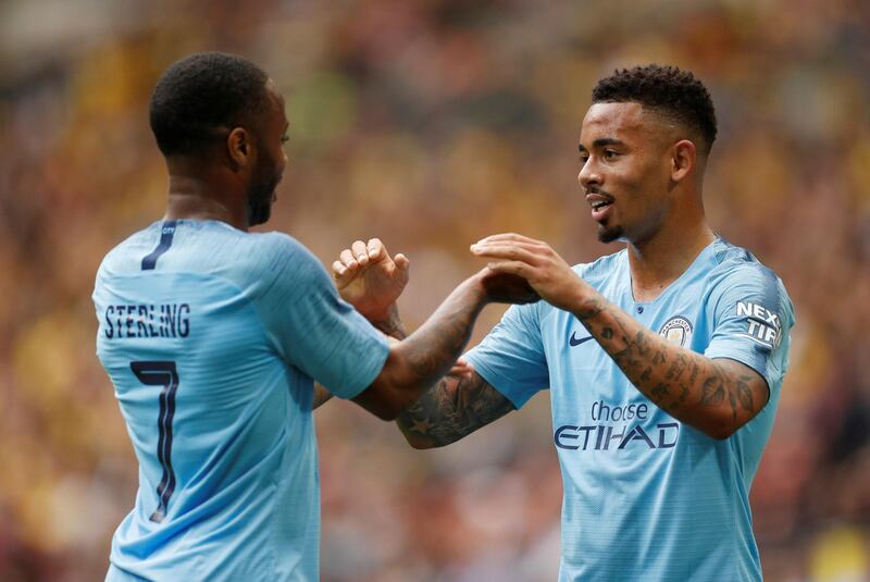 Soccer Football - FA Cup Final - Manchester City v Watford - Wembley Stadium, London, Britain - May 18, 2019  Manchester City's Gabriel Jesus celebrates scoring their fourth goal with Raheem Sterling   Action Images via Reuters/John Sibley