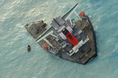 A part of the Japanese-owned bulk carrier MV Wakashio which ran aground, is seen in this August 21, 2020 picture obtained from social media, off the coast of Mauritius. MOBILISATION NATIONALE WAKASHIO /via REUTERS THIS IMAGE HAS BEEN SUPPLIED BY A THIRD PARTY. MANDATORY CREDIT. NO RESALES. NO ARCHIVES. MUST ON SCREEN COURTESY MOBILISATION NATIONALE WAKASHIO