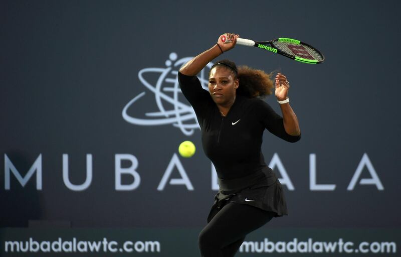 ABU DHABI, UNITED ARAB EMIRATES - DECEMBER 30:  Serena Williams of United States plays a forehand during her Ladies Final match against Jelena Ostapenko of Latvia on day three of the Mubadala World Tennis Championship at International Tennis Centre Zayed Sports City on December 30, 2017 in Abu Dhabi, United Arab Emirates.  (Photo by Tom Dulat/Getty Images)