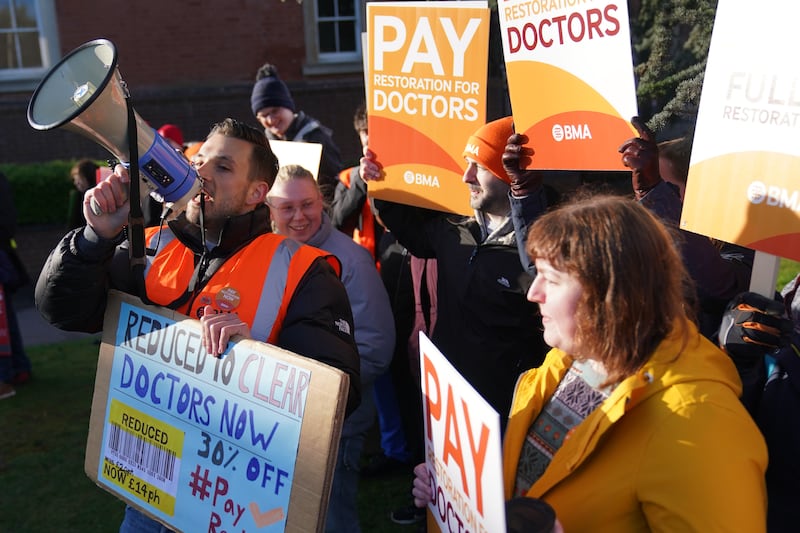 Striking NHS junior doctors on the picket line outside Leicester Royal Infirmary as the BMA holds a 96-hour walkout in a dispute over pay. PA
