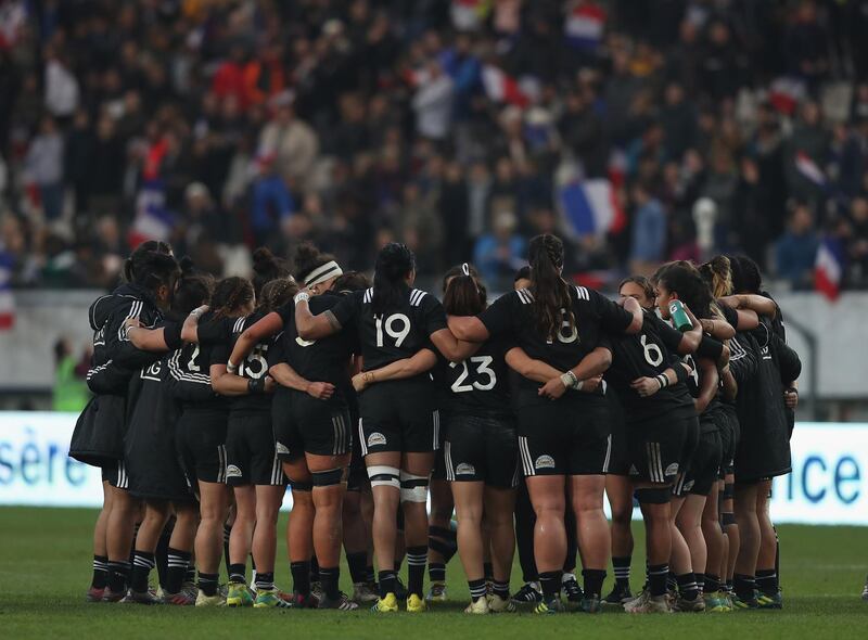 GRENOBLE, FRANCE - NOVEMBER 17:  The Black Ferns in a group huddle after the match during the Womens International match between France Women and the Black Ferns at the Stade des Alpes on November 17, 2018 in Grenoble, France.  (Photo by Christopher Lee/Getty Images)