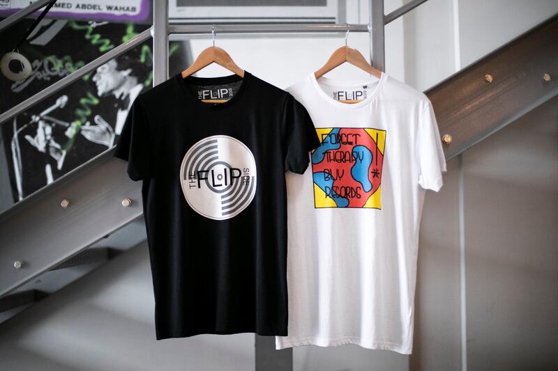 Dubai, UNITED ARAB EMIRATES - FEBRUARY, 18 2019.

Tshirts on sale at Dubai's vinyl record store – The Flip Side, in Al Serkal Avenue.

(Photo by Reem Mohammed/The National)

Reporter: 
Section:  NA