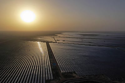 Solar panels at the site of energy projects developer Saurya Urja Company in the northern Indian state of Rajasthan. AFP