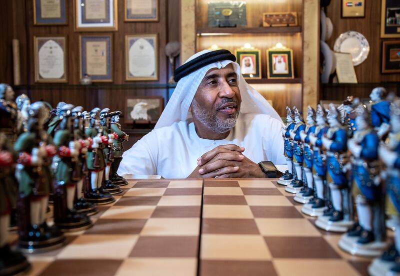 General Obaid Al Ketbi and one of his many favorite collections, A hand crafted and painted chess set given to him by a Russian businessman. The museum is located at his residence at Al Seef Village, Abu Dhabi.  The National staff got an exclusive tour on May 3, 2021. Victor Besa / The National.
Reporter: Haneen Dajani for News