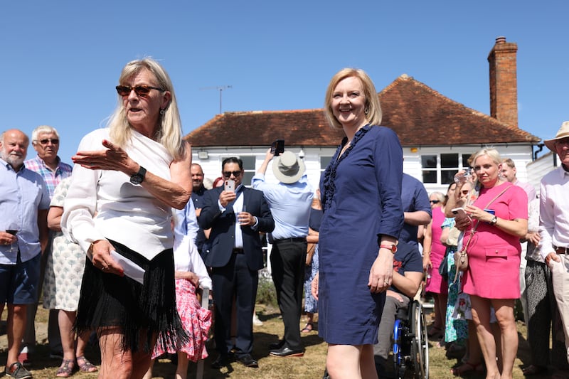 Liz Truss speaks to supporters during a visit to Marden, just outside Tonbridge, as part of her campaign to be leader of the Conservative Party and Britain's next prime minister. PA