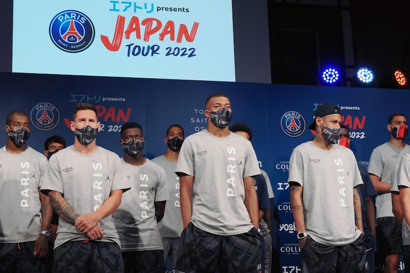 Paris Saint-Germain players Lionel Messi, Kylian Mbappe, Neymar Jr and others attend a reception party at a Tokyo hotel. AFP
