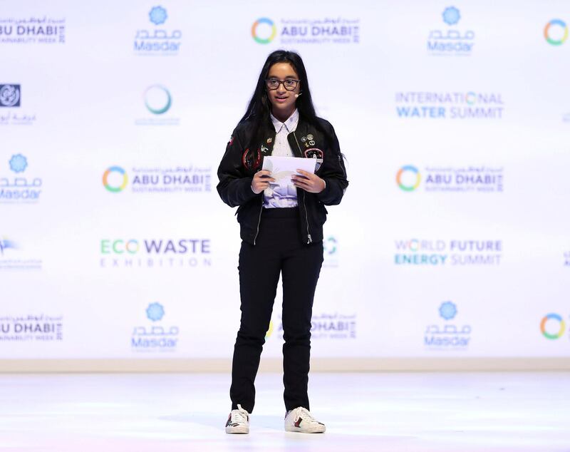 Abu Dhabi, United Arab Emirates - January 15th, 2018: Alia Al Mansoori at the Sheikh Zayed Future Energy Prize awards ceremony as part of Abu Dhabi Sustainability Week. Monday, January 15th, 2018 at Abu Dhabi National Exhibition Centre (ADNEC), Abu Dhabi. Chris Whiteoak / The National