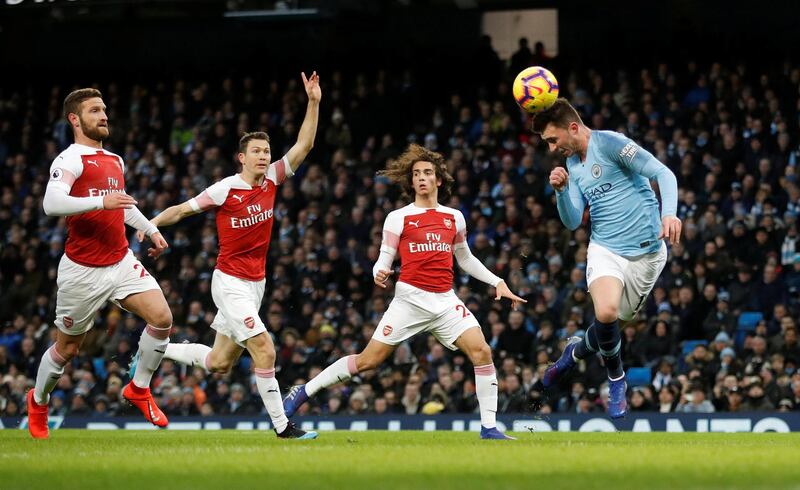 Manchester City's Aymeric Laporte scores a disallowed goal due to offside. Action Images via Reuters