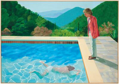 In this undated photo provided by Christie's Images LTD, a 1972 painting entitled "Portrait of an Artist (Pool with Two Figures)," by British artist David Hockney is shown. The painting, considered one of Hockney's premier works, was sold at auction by Christie's in New York for $90.3 million. (David Hockney/Courtesy of Christie's Images LTD via AP)