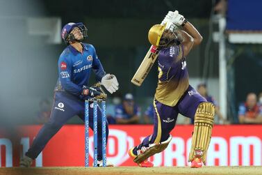Andre Russell of Kolkata Knight Riders watches after playing a shot against Mumbai Indians. Sportzpics for IPL