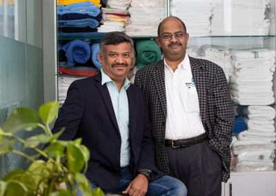 Ram Mohan and Narayanan Raghavan, co-founders of Rent-a-Towel and Dr Linen, rent out towels and bedlinen to 20 Dubai hotels, which removes the need for in-house laundry infrastructure. Photo: Ruel Pableo for The National