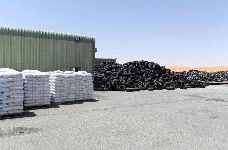 Abu Dhabi, United Arab Emirates - Some of the finished rubber products include safety flooring, engineered products, horse mats, shooting range tiles at the Gulf Rubber factory in Al Ain. Khushnum Bhandari for The National