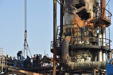 A damaged installation in Saudi Arabia's Abqaiq oil processing plant is pictured on September 20. Afp