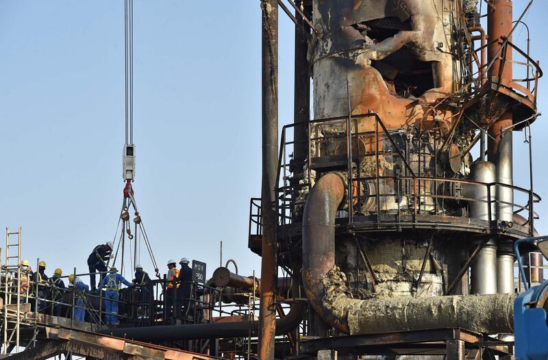 A damaged installation in Saudi Arabia's Abqaiq oil processing plant is pictured on September 20, 2019. Saudi Arabia said on September 17 its oil output will return to normal by the end of September, seeking to soothe rattled energy markets after attacks on two instillations that slashed its production by half. The strikes on Abqaiq –- the world's largest oil processing facility –- and the Khurais oil field in eastern Saudi Arabia roiled energy markets and revived fears of a conflict in the tinderbox Gulf region.
 / AFP / Fayez Nureldine
