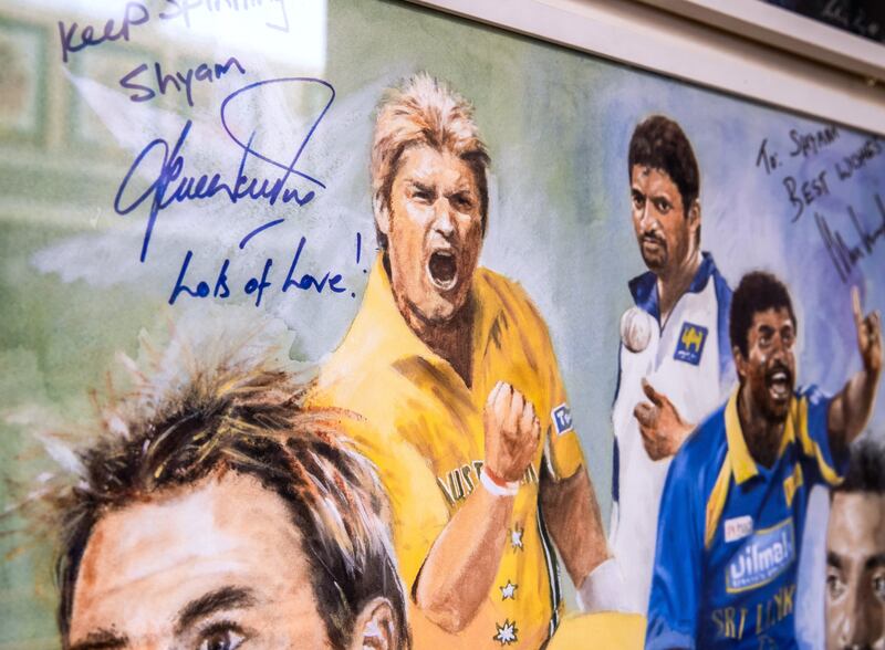 One specially commissioned painting of Shane Warne and Muttiah Muralitharan has an annotation form the Australian great saying: “Keep spinning, Shyam. Lots of love, Shane Warne.”