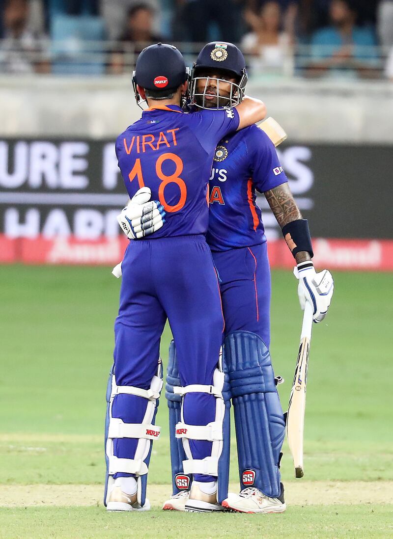 Suryakumar Yadav celebrates with Virat Kohli after reaching his half-century. Yadav blasted six fours and six sixes during his knock.