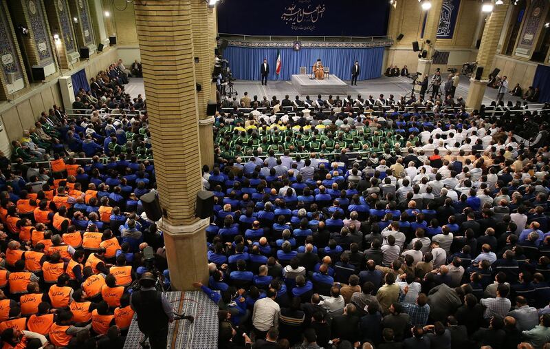 epa07524691 A handout photo made available by the supreme leader office shows Iranian supreme leader Ayatollah Ali Khamenei (C) during a meeting with Iranian workers in Tehran, Iran, 24 April 2019. According to Iranian media reports, Khamenei commented on US scanctions against the Iranian oil sector, saying Tehran will 'export oil as much as needed and intended' adding the US measures will 'bear consequences'.  US Secretary of State Mike Pompeo said on 22 April the State Department will not renew sanction waivers for countries importing Iranian oil. The increased pressure on Iran comes nearly one year after the Trump administration withdrew from the Iran Nuclear Deal.  EPA/LEADER OFFICE HANDOUT  HANDOUT EDITORIAL USE ONLY/NO SALES