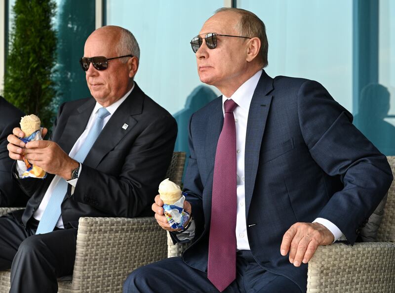 Russian President Vladimir Putin and Sergei Chemezov, director general of Rostec state conglomerate, attend the MAKS 2021 air show at Zhukovsky, outside Moscow. Photo: Sputnik