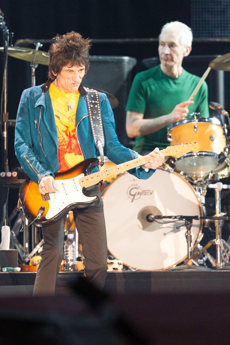 Ronnie Wood and Charlie Watts of The Rolling Stones perform at du Arena, Yas Island in Abu Dhabi on February 21, 2014. Getty Images