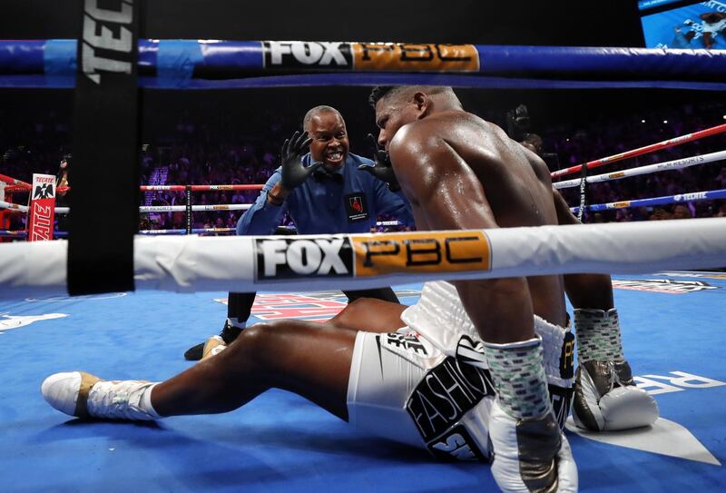 Referee Kenny Bayless gives a count to Luis Ortiz after he was knocked out in the seventh round by WBC heavyweight champion Deontay Wilder. AFP