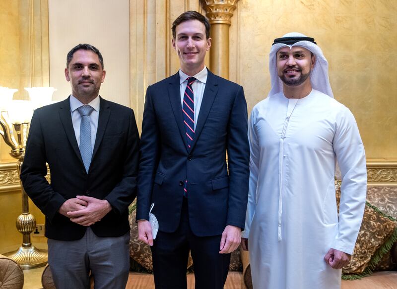 Mr Kushner at the Abraham Accords signing alongside Amit Deri, left, co-founder of Sharaka Israel, and Majid Al Sarrah, executive director of Sharaka Dubai. Photo: Victor Besa / The National.