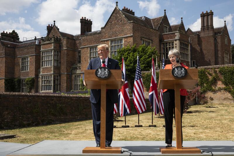 AYLESBURY, ENGLAND - JULY 13: Prime Minister Theresa May and U.S. President Donald Trump hold a joint press conference at Chequers on July 13, 2018 in Aylesbury, England. US President, Donald Trump, held bi-lateral talks with British Prime Minister, Theresa May at her grace-and-favour country residence, Chequers. Earlier British newspaper, The Sun, revealed criticisms of Theresa May and her Brexit policy made by President Trump in an exclusive interview. Later today The President and First Lady will join Her Majesty for tea at Windosr Castle. (Photo by Dan Kitwood/Getty Images)