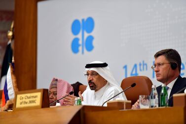 Saudi Energy Minister Al Falih with his Russian counterpart Alexander Novak at the joint ministerial committee meeting in Jeddah in May. Reuters