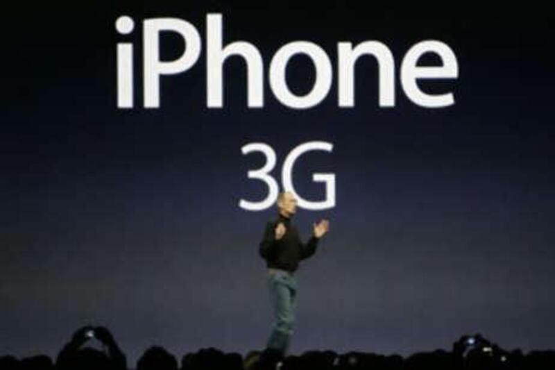 Steve Jobs announces the new Apple iPhone 3G during the keynote speech at the Apple Worldwide Developers Conference in San Francisco.