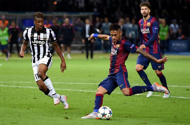Neymar of Barcelona scores his team’s third goal during the UEFA Champions League Final between Juventus and FC Barcelona at Olympiastadion on June 6, 2015 in Berlin, Germany. (Photo by Matthias Hangst/Getty Images)