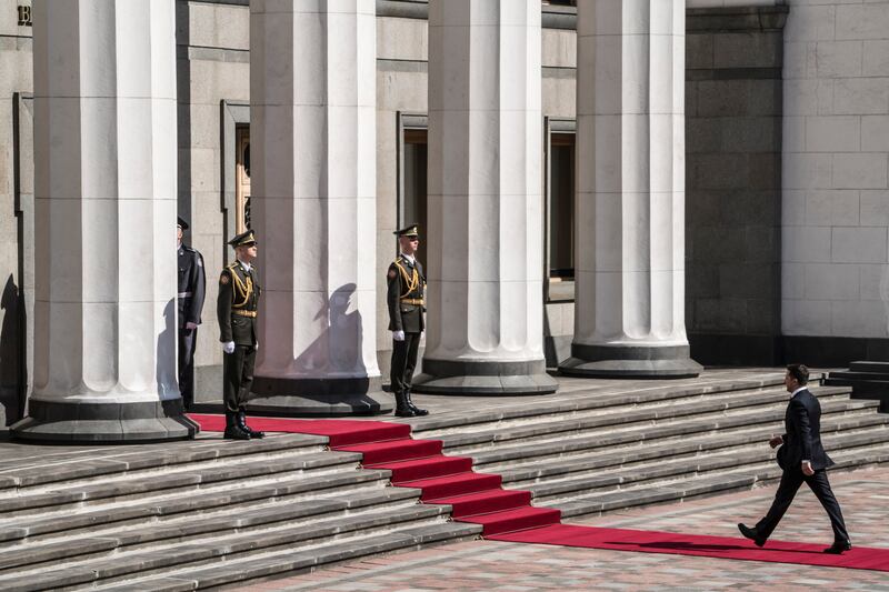 Mr Zelenskyy, as Ukrainian president-elect, walks into the parliament to be sworn in, in May 2019. Getty Images