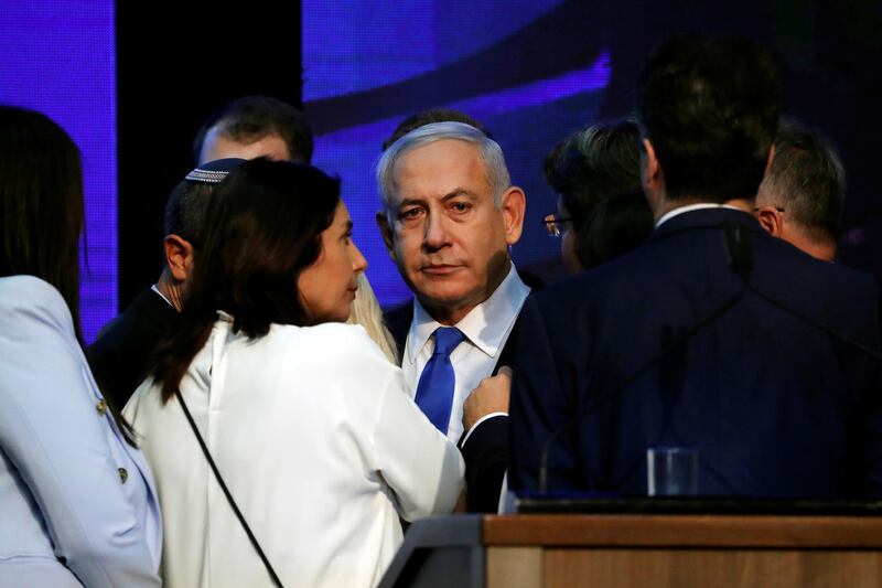 Israeli Prime Minister Benjamin Netanyahu looks on after speaking to supporters at his Likud party headquarters following the announcement of exit polls during Israel's parliamentary election in Tel Aviv, Israel September 18, 2019. REUTERS/Ammar Awad