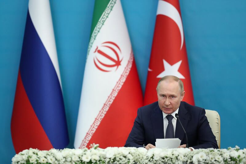 Russian President Vladimir Putin speaks after a summit with Iranian and Turkish leaders in Tehran last week. EPA