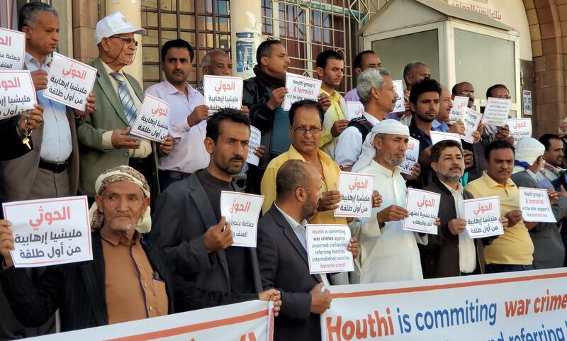 Yemenis opposed to the country's Houthi rebels take part in a rally in support of a recent decision by the United States' outgoing administration blacklisting the Houthi group as a "terrorist" organisation in Yemen's third city of Taez. AFP