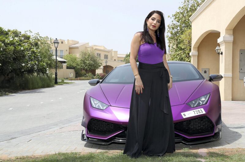 DUBAI , UNITED ARAB EMIRATES, September 24 , 2018 :-  Natalia Itani , businesswoman and motoring social-media influencer with her Lamborghini Huracan at her villa in Al Waha in Dubai. ( Pawan Singh / The National )  For Motoring. Story by Adam Workman