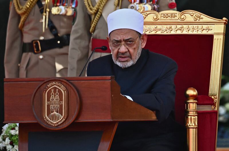 Dr Ahmed El Tayeb delivers a speech at the palace in Manama. AFP