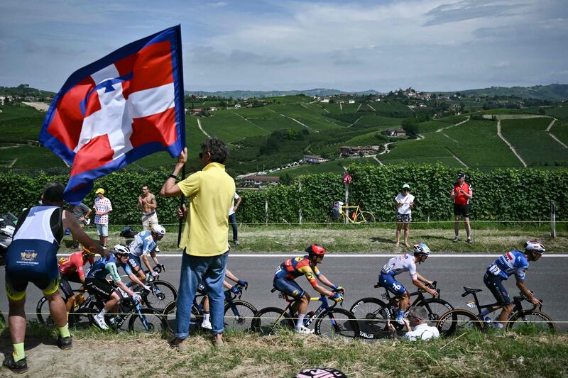 The peloton on the Barbaresco ascent during Stage 3. AFP
