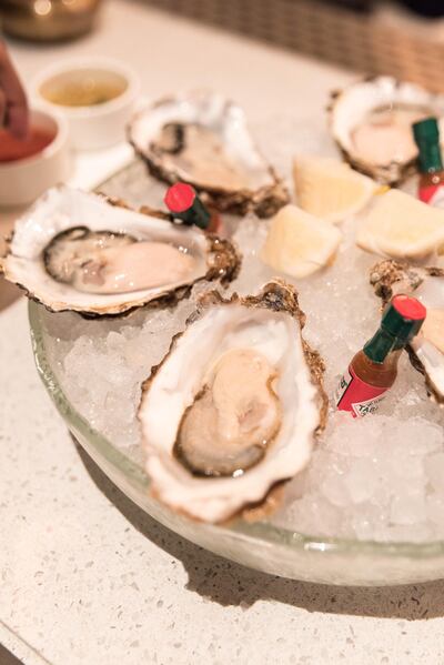 Cumbrae oysters served with shallot vinegar, apple vinegar, lemon and tabasco from Galvin Dubai. Courtesy Galvin Dubai