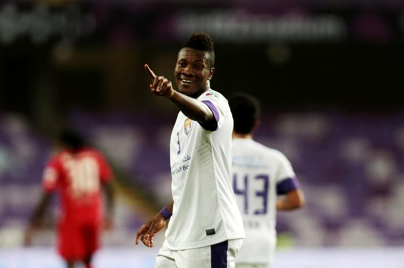 Al Ain's Asamoah Gyan shown during an Arabian Gulf League match against Al Jazira at the Hazza bin Zayed Stadium in May. Christopher Pike / The National / May 1, 2014