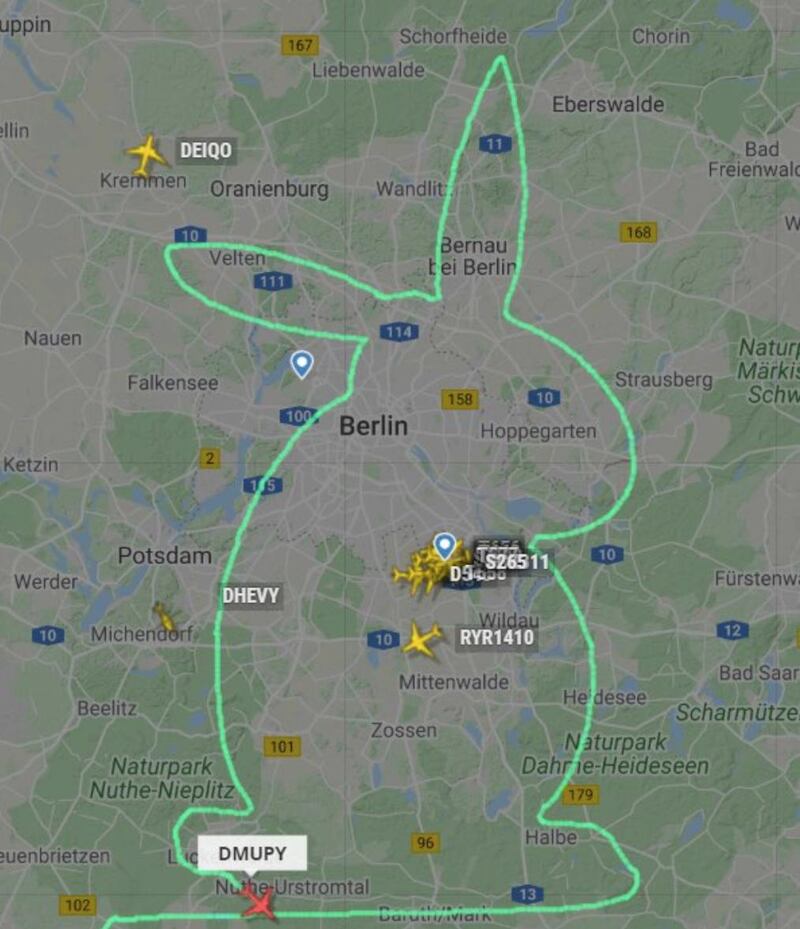Another private aircraft, a Flight Design CT, also drew an Easter Bunny over Berlin, Germany, on April 8, 2020. Courtesy FlightRadar24.