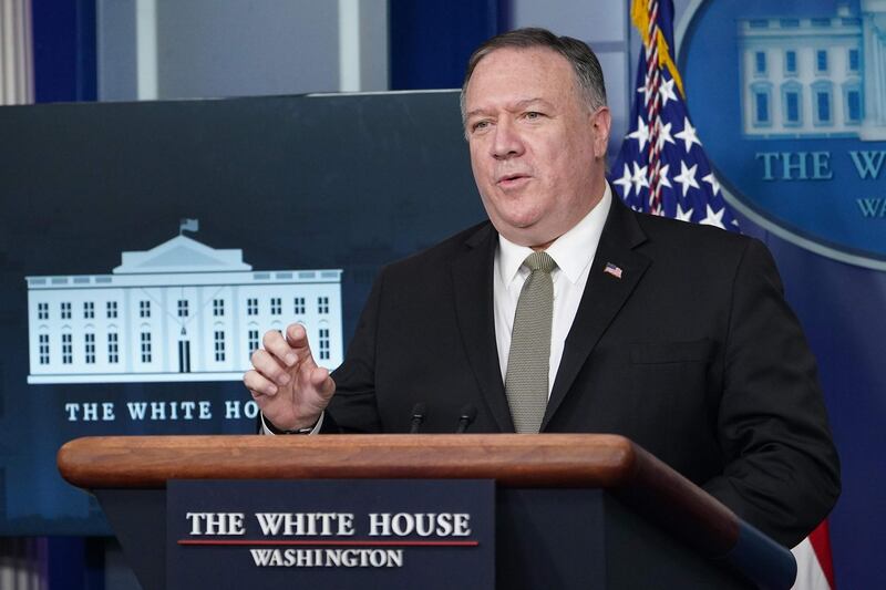 (FILES) In this file photo taken on April 08, 2020 US Secretary of States Mike Pompeo speaks during the daily briefing on the novel coronavirus, COVID-19, in the Brady Briefing Room at the White House in Washington, DC. US Secretary of State Mike Pompeo landed in Tel Aviv May 13, 2020, for talks on regional security and Israel's plans to annex parts of the occupied West Bank, a pool report said. / AFP / MANDEL NGAN
