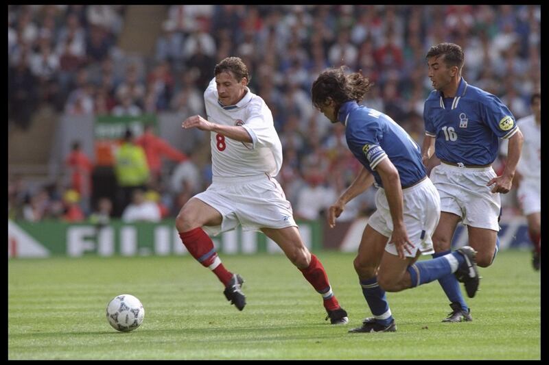 11 Jun 1996:  Andrei Kanchelskis of Russia (number 8) is chased by Paolo Maldini of Italy (number 3) during the European soccer championship match between Italy and Russia at Anfield, Liverpool. The match was won by Italy 2-1.Mandatory Credit: Shaun Botterill/Allsport  UK
