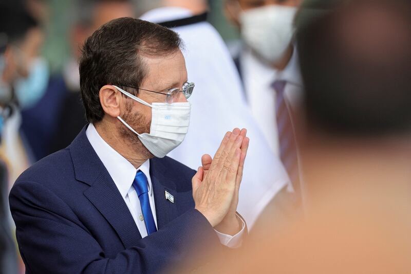 President of Israel Isaac Herzog arrives at the Expo 2020 Dubai site for Israel's national day at the world's fair. Photo: Reuters