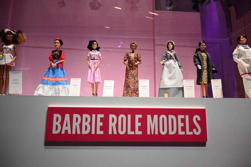 Barbie role models, from left, tennis player Naomi Osaka, artist Frida Kahlo, mathematician Katherine Johnson, author Maya Angelou, nurse Florence Nightingale and civil rights activist Rosa Parks are displayed at The World of Barbie exhibition