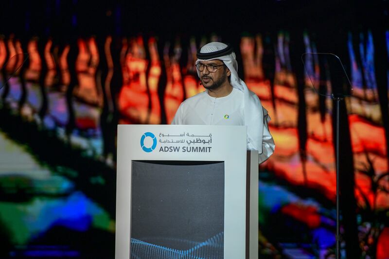 Awaidha Al Marar of the Abu Dhabi Department of Energy, an Abu Dhabi Executive Council Member and Member of Enec's board of directors, delivers opening remarks on Net-Zero Ambitions in Energy on Day 2 of Abu Dhabi Sustainability Week at Adnec. Khushnum Bhandari / The National