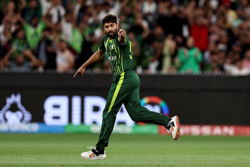 Pakistan's Haris Rauf celebrates the wicket of England's Jos Buttler. AFP