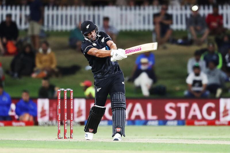 New Zealand’s Colin de Grandhomme hits out during the third one-day international. AFP