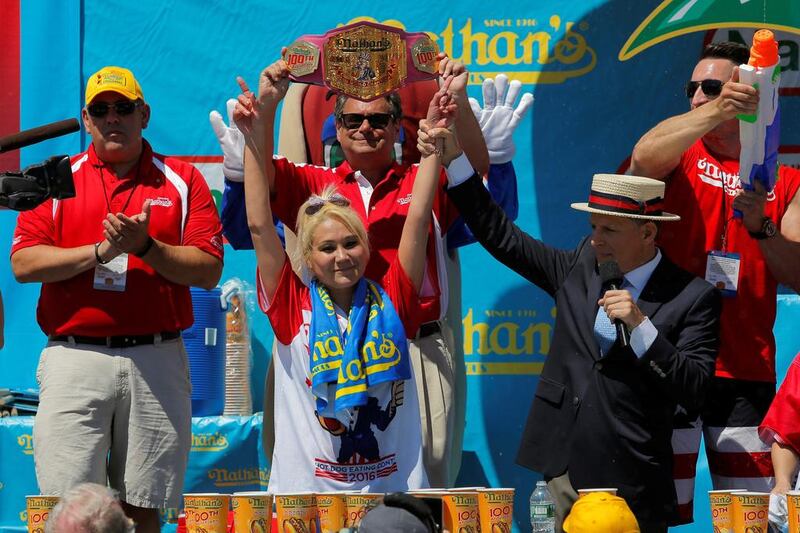 Miki Sudo, of Las Vegas, is crowned the winner of the female segment of the Nathan’s Famous Fourth of July International Hot Dog-Eating Contest. Andrew Kelly / Reuters