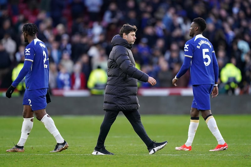 Chelsea manager Mauricio Pochettino appears dejected following the Premier League match at Bramall Lane. PA