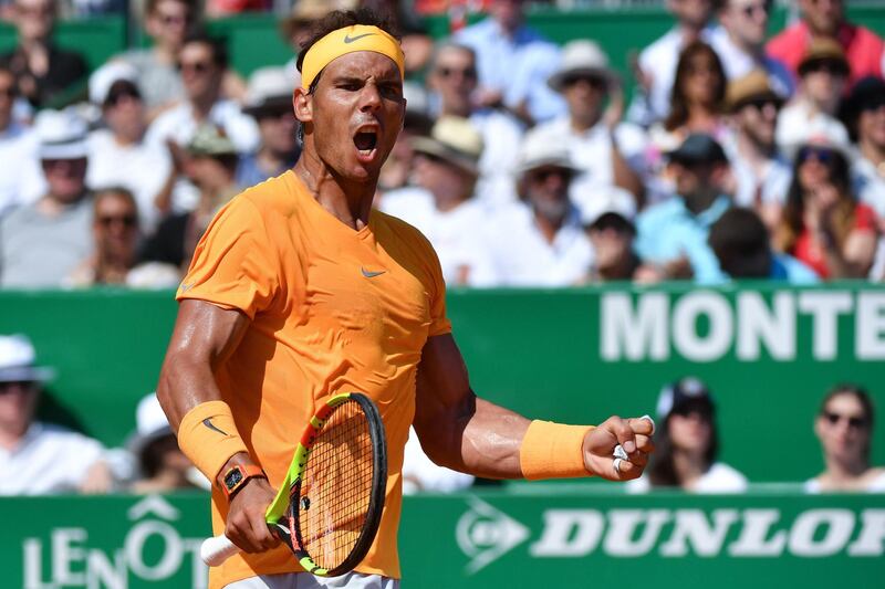 Spain's Rafael Nadal reacts during his match against Japan's Kei Nishikori in the finals of the Monte-Carlo ATP Masters Series tournament on April 22, 2018, in Monaco.  / AFP PHOTO / Yann COATSALIOU