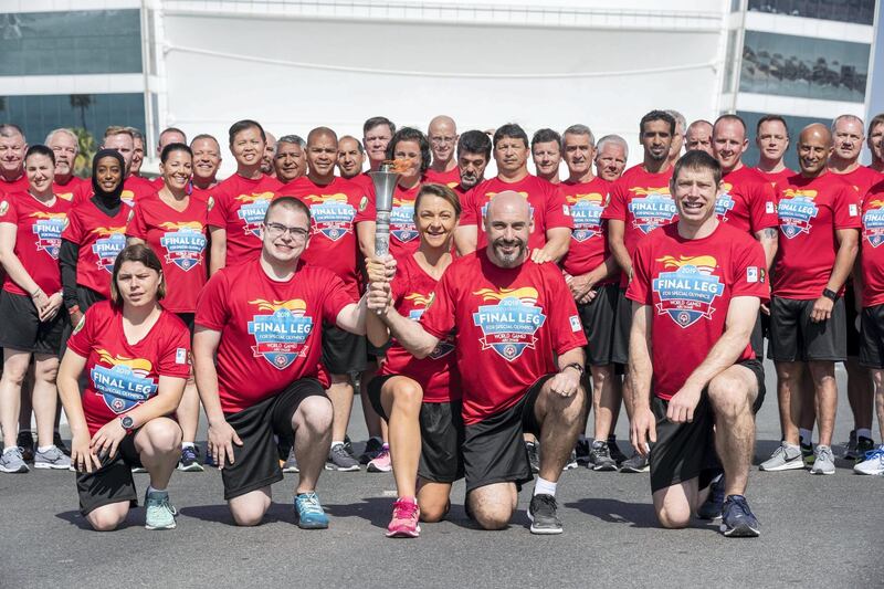 DUBAI, UNITED ARAB EMIRATES. 09 MARCH 2019. The Torch run visits the Burj Al Arab Hotel for a photo opportunity. (Photo: Antonie Robertson/The National) Journalist: Nick Webster. Section: National.